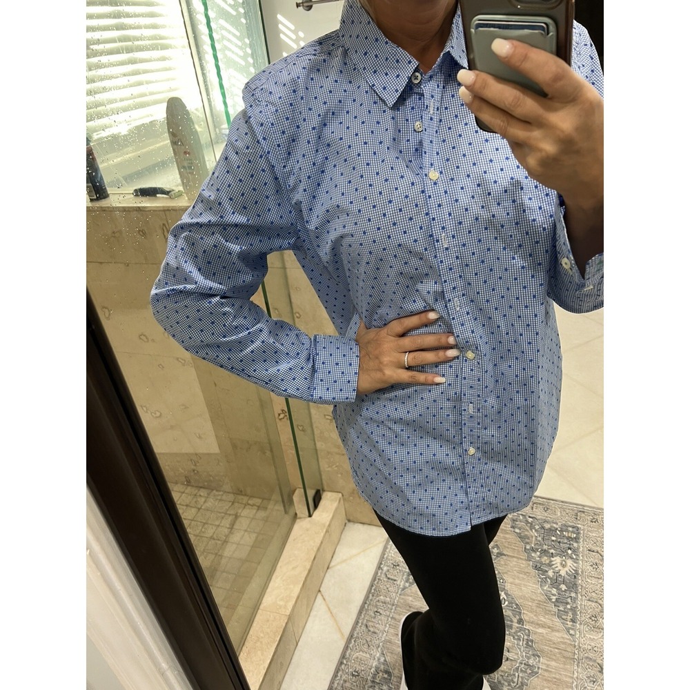 Talbots Blue White Gingham Polka Dot Cotton Button Front Tunic Blouse Large